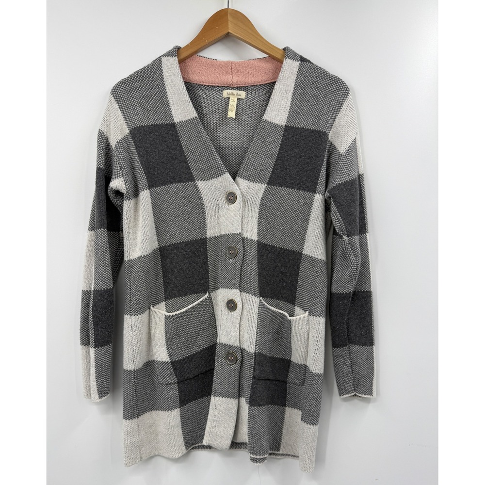 Matilda Jane Buffalo Plaid Cardigan Sweater Button‎ Front Pockets Pink Collar S